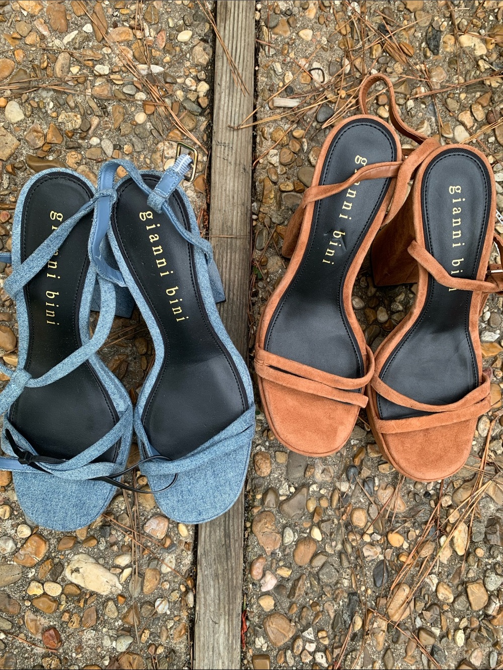 Gianni Bini Denim Blue and Tan Suede Block Heel Sandals